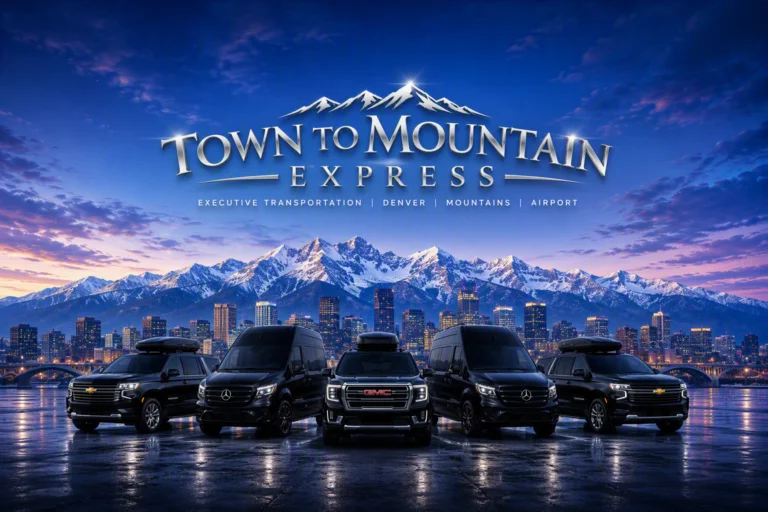 Town to Mountain Express SUVs and passenger vans with the Denver skyline and Colorado mountains