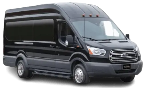 “Black Ford Transit passenger van for group shuttle service from Denver Airport”