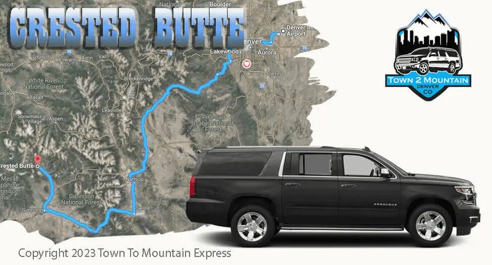 Black SUV shuttle from Denver Airport to Crested Butte with route map