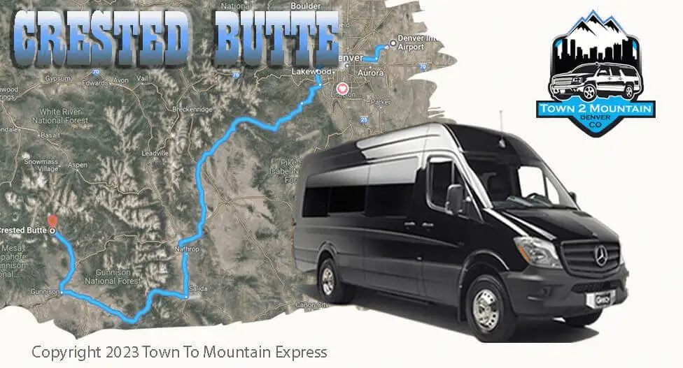 Mercedes Sprinter van shuttle from Denver Airport to Crested Butte with map