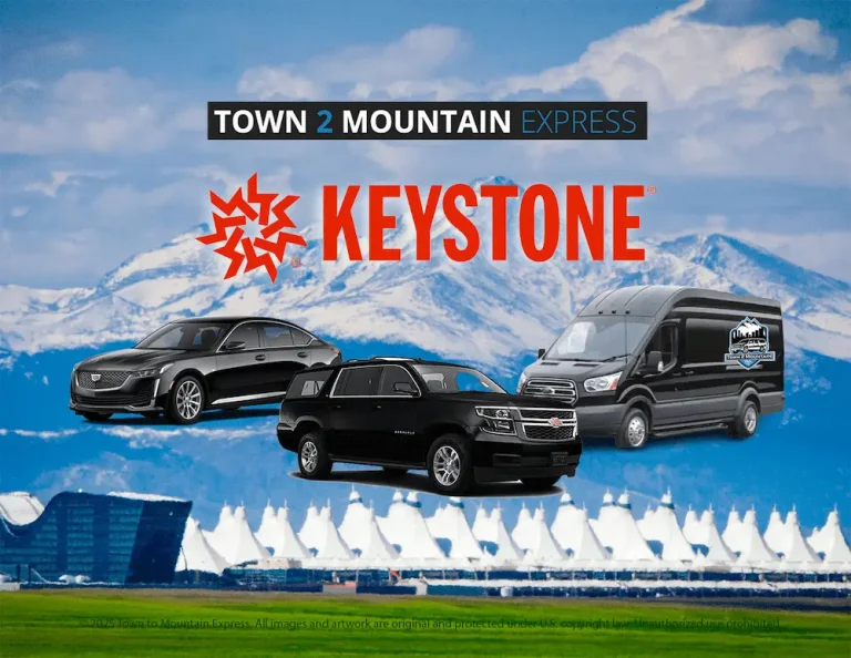Keystone shuttle vans with Keystone Resort background