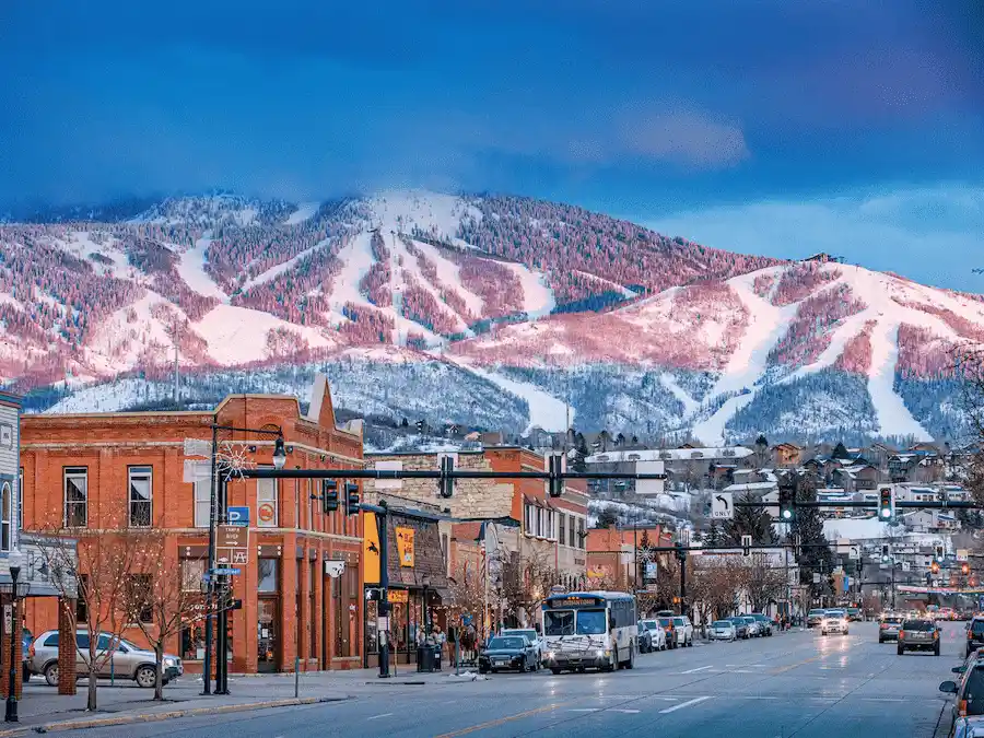 Downtown Steamboat Springs with snowy mountain backdrop