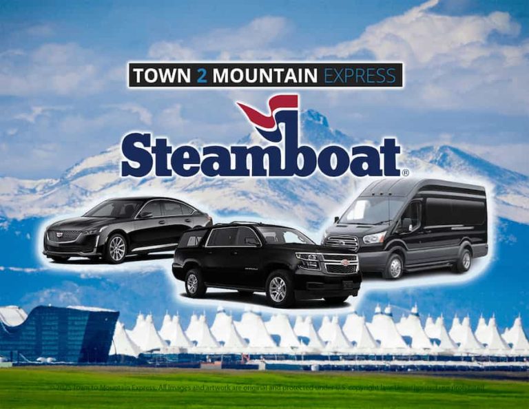 Downtown Steamboat Springs with snowy mountain view