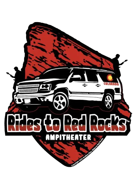 Rides to Red Rocks logo featuring a white luxury SUV and red rock backdrop — party bus and private concert transportation by Town to Mountain Express.