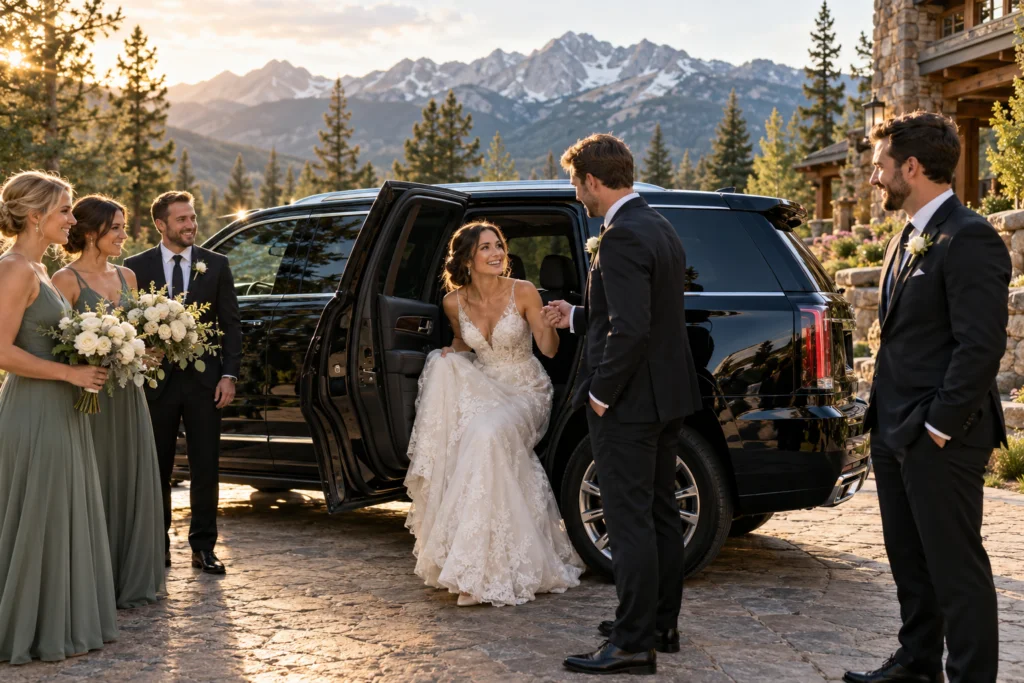 Colorado wedding transportation hero optimized | Town to Mountain Express Denver Airport Shuttle Illustration of a wedding couple arriving in a black SUV at a mountain venue