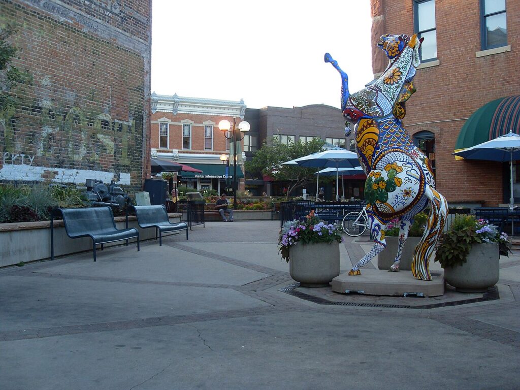 Fort Collins Old Town Historic District - Private Denver Airport Transportation | Town to Mountain Express Denver Airport Shuttle Historic Old Town storefronts in downtown Fort Collins, Colorado