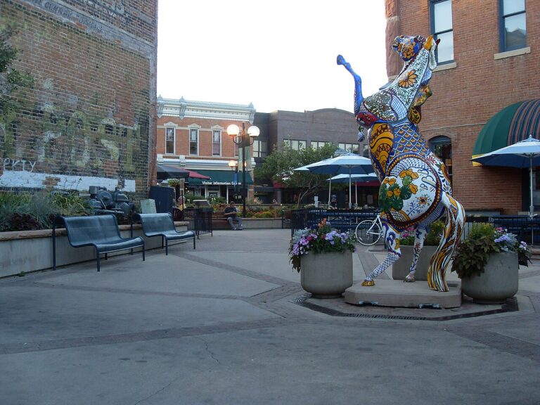 Fort Collins Old Town Historic District - Private Denver Airport Transportation | Town to Mountain Express Denver Airport Shuttle Historic Old Town storefronts in downtown Fort Collins, Colorado