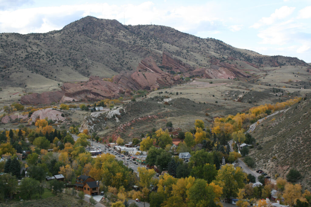 Morrison Town Responsive Hero | Town to Mountain Express Denver Airport Shuttle View over Morrison, Colorado, with downtown streets and red rock foothills